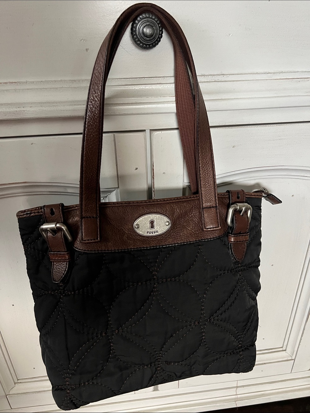 Fossil Black Quilted Shoulder Tote with Brown Leather Trim